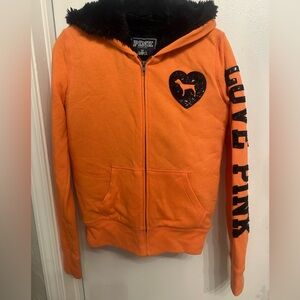 PINK Victoria's Secret Orange Faux Fur Zip Up Rare Limited Edition Hoodie Size M